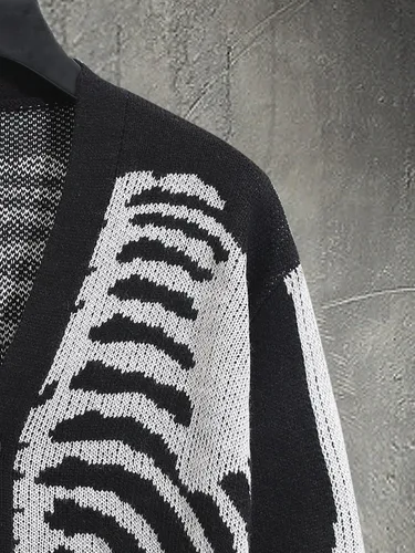 Vista 3 de SHENHE Cárdigan de manga larga con estampado de esqueleto para hombre, cuello en V, con botones