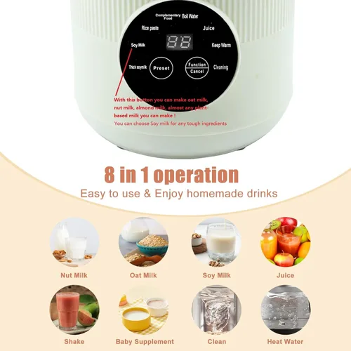 Vista 3 de Máquina automática de leche de soja 8 en 1, máquina de leche de soja de 40 onzas para almendras caseras, avena, leche de soja, pasta de arroz