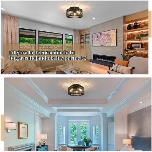 Vista 6 de Lámparas de Techo de Ratán para Montaje, Lámpara de Techo Empotrada Boho de 3 Luces, Iluminación de Lámpara con Pantalla de Jaula Tejida a Mano Negro