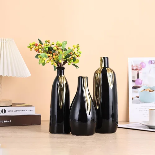 Vista 6 de Juego de 3 jarrones negros y dorados, jarrones decorativos modernos de cerámica para sala de estar, recámara, decoración artística, chimenea
