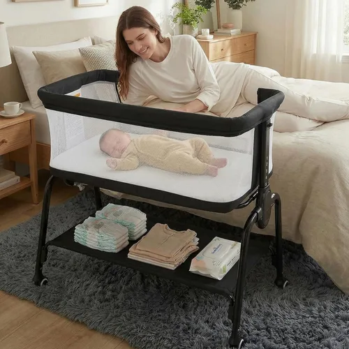 Vista 7 de Cowiewie Moisés de noche, moisés transpirable y colchón, ligero y portátil para dormir de noche (negro) 0-5 Months Baby Infant Up to 33 lb
