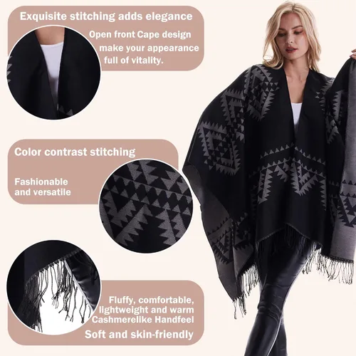 Vista 2 de Cárdigan cálido de invierno para mujer, diseño de chal a cuadros, capa frontal abierta