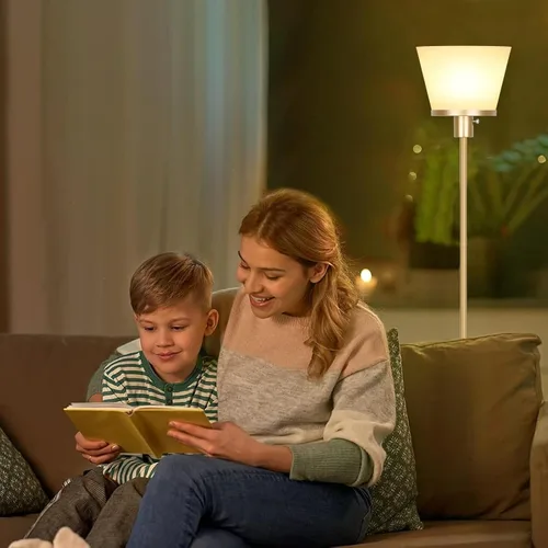 Vista 5 de Lámpara de pie para Dormitorio, Lámpara de pie dorada con pantalla de plástico blanco, Lámparas de pie modernas y altas, lámpara de pie brillante