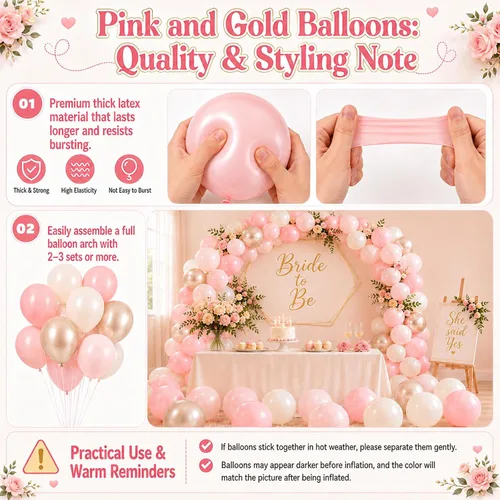 Vista 7 de Globos rosa y dorado, globo de látex rosa claro pastel de 12 pulgadas y blanco arena perla con globo metálico dorado champán beige para princesas