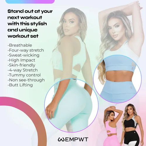Vista 6 de EMPWT Conjunto de entrenamiento para mujer, 2 piezas, leggings de cintura alta con textura acanalada, sin costuras, brasier deportivo, conjuntos