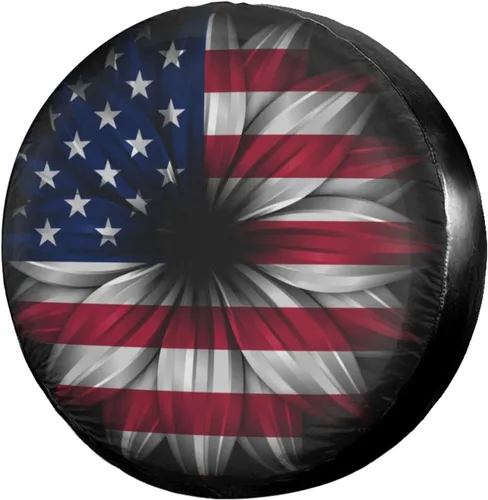 Vista 7 de Delerain Cubierta de neumático de repuesto con diseño de flores de bandera de Estados Unidos con orificio de cámara de respaldo para caravana