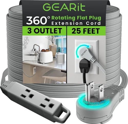 Vista 12 de GEARit Cable de extensión de enchufe plano giratorio de 360° de 3 pies, cable de alimentación de perfil bajo de 3 salidas, ahorro de espacio