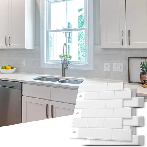 Vista 2 de Art3d Paquete de 10 calcomanías para azulejos, azulejos adhesivos, película de azulejos, calcomanías de pared blancas, azulejos de metro, decoración