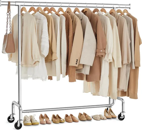 Vista 8 de SONGMICS Perchero con ruedas, estante de ropa resistente con varilla colgante extensible, capacidad de carga de 286.6 lb, 17.7 x (43.3-59.1) x 64.1