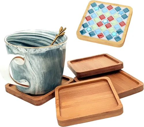 Vista 15 de 4 posavasos de bambú de mosaico para manualidades, bandejas de base en blanco, posavasos para beber, posavasos para plantas, placa de arte