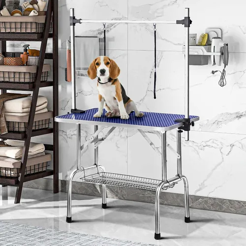 Vista 2 de Mesa profesional ajustable de aseo para mascotas de 36 pulgadas, resistente, con brazo y nariz y bandeja de malla para perros grandes, estación