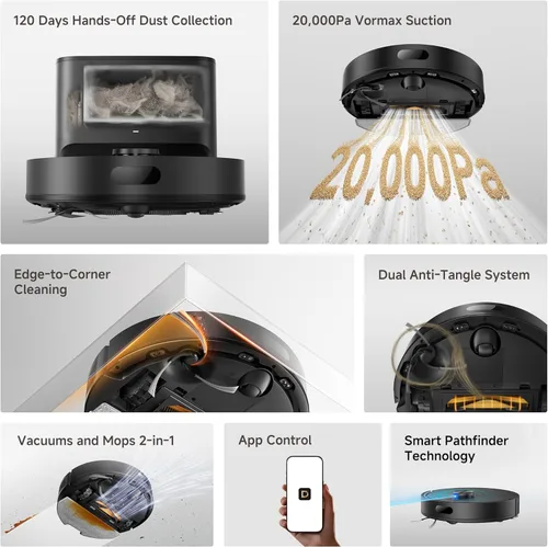 Vista 9 de DREAME D20 Air Plus Robot Vaccum and Mop Combo con succión de 20,000 Pa, tecnología antienredos, muelle de vaciado automático, limpieza profunda