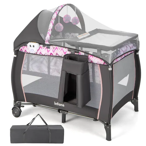 Vista 11 de INFANS 4 en 1 Pack and Play, corralito portátil de viaje para bebé con moisés, cambiador, toldo, mosquitera, juguetes colgantes, caja de música
