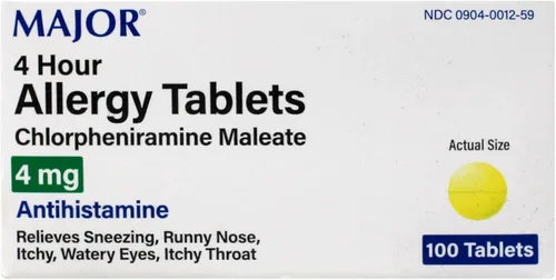 Vista 2 de [Paquete de 6] Antialérgico Antihistamínico Clorfeniramina Maleato 4 mg Genérico para Alergia al Clor-trimetón 100 tabletas por botella, 6 paquetes