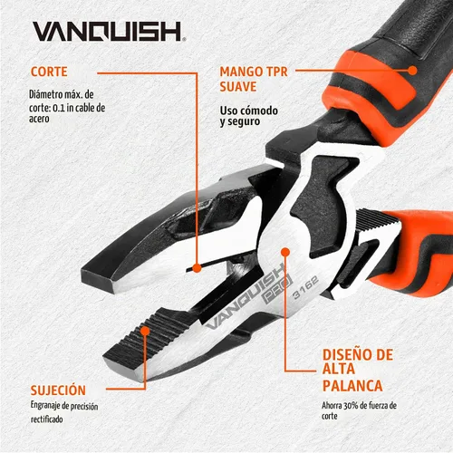 Vista 3 de VANQUISH Alicates Linemans de 7 pulgadas Alicates Linesman de alto apalancamiento con diseño de corte lateral (3162)