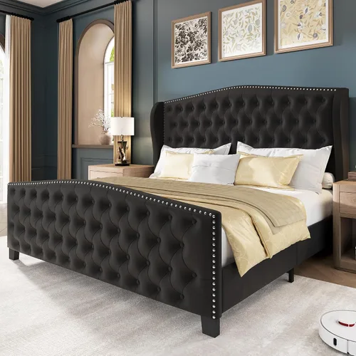 Vista 15 de LARMACE Base de cama tamaño Queen con tapizado de terciopelo, cama de plataforma con cabecera y pie de ala, base de cama con botones profundos