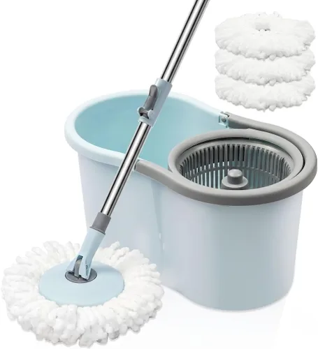 Vista 11 de Trapeador giratorio y cubo con juego de escurridor, sistema de cubo giratorio de 360° con 3 cabezales de repuesto de mopa de microfibra y mango