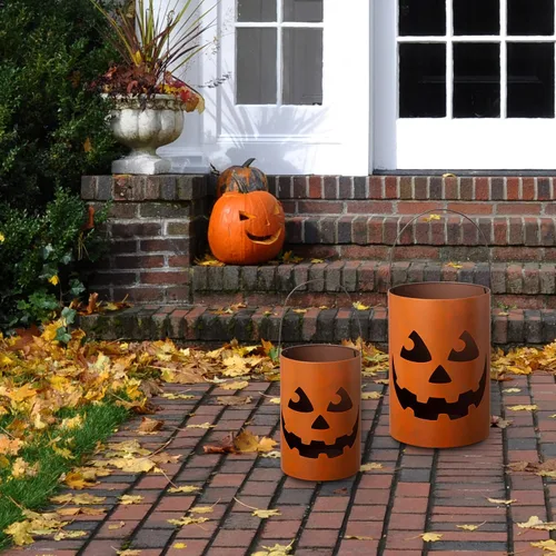 Vista 3 de Glitzhome GH20040 - Portavelas de Halloween Jack O Lantern, decoración de cubo, 11.02 pies de alto, juego de 2