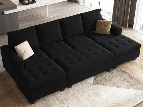Vista 3 de Belffin Sofá cama modular convertible de terciopelo de 4 asientos con diván reversible, sofá cama seccional con almacenamiento otomano seccional