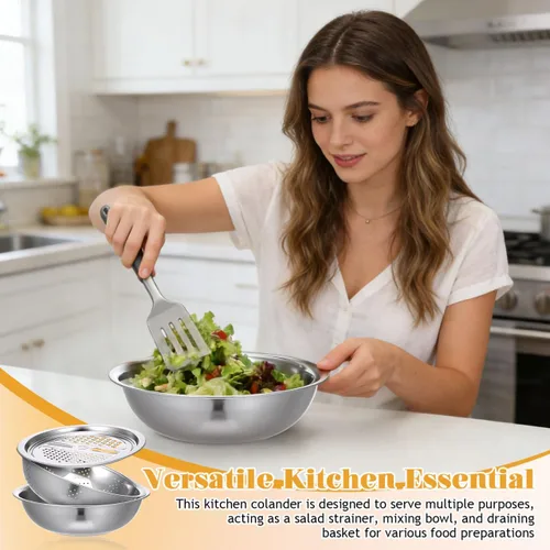 Vista 7 de iplusmile Cesta de drenaje multifuncional de acero inoxidable de 10.03 pulgadas con trituradora, colador de cocina para lavar y preparar frutas