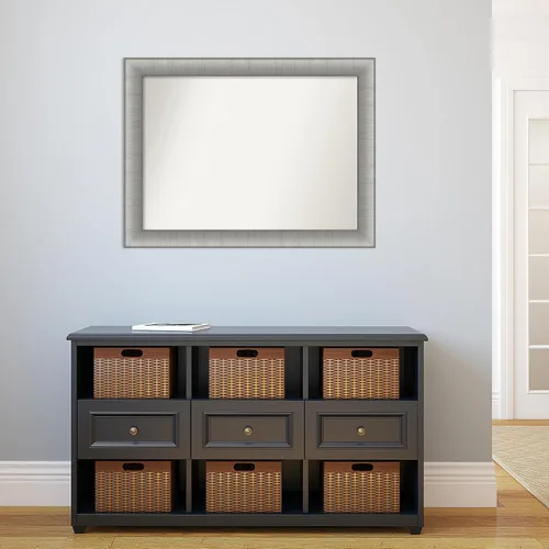 Vista 5 de Amanti Art Espejo de baño plateado para sobre el fregadero, 28 x 37 pulgadas, elegante espejo rectangular de peltre cepillado, marco de madera