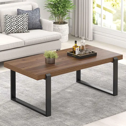 Vista 17 de FOLUBAN Mesa de café negra, mesa central moderna de madera y metal industrial, mesa rectangular de cóctel y té para sala de estar, 47 pulgadas