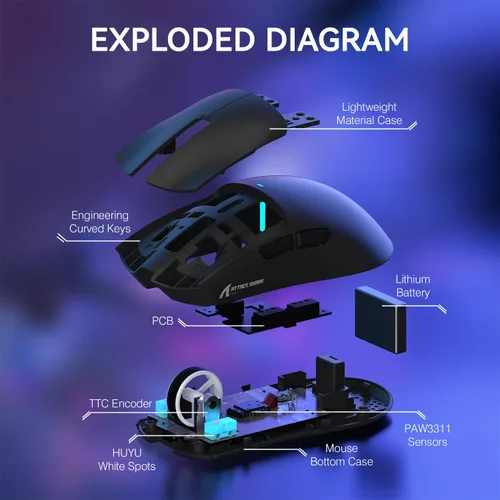 Vista 6 de ATTACK SHARK X11 Ratón inalámbrico ligero para juegos con base de carga RGB, Tri-Mode-2.4G/USB-C con cable/BT, 22K DPI, sensor óptico PAW3311
