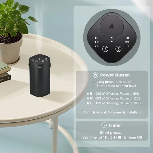 Vista 5 de Difusor de aceite esencial sin agua con asa, difusor de aroma para automóvil, hogar, oficina, baño, con temporizador, pequeño difusor de Negro