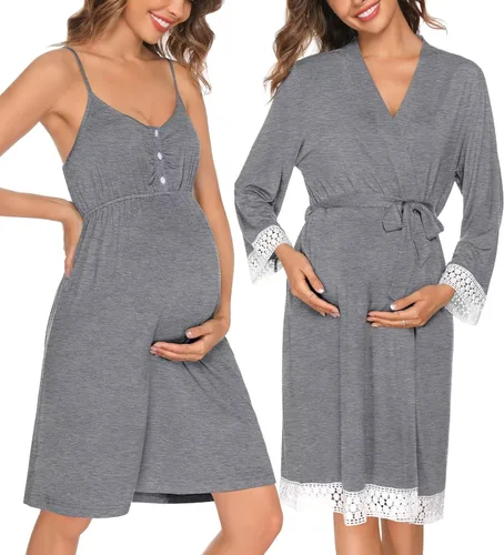 Vista 2 de SWOMOG Conjunto de bata de maternidad para mujer, bata de parto y parto, camisón de lactancia materna, conjunto de bata posparto para hospital