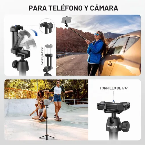Vista 3 de NEEWER Basics Trípode selfie stick de 150 cm compatible con iPhone, cámara DLSR, Canon, Sony, pequeño soporte de mesa de metal portátil