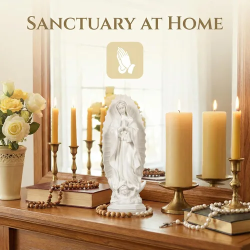 Vista 4 de DECHOUS Estatua de la Señora de Guadalupe blanca – 7.5 pulgadas de alto, figura religiosa de resina de Guadalupe para oficina en casa, estatua