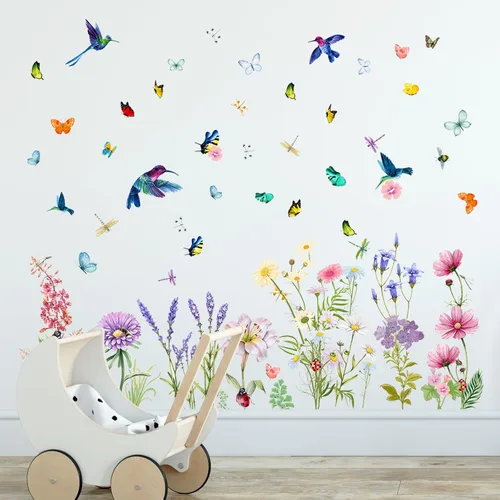 Vista 2 de Supzone Calcomanías de pared de flores, mariposas, crisantemos, libélulas, calcomanías de pared para despegar y pegar, calcomanías de flores