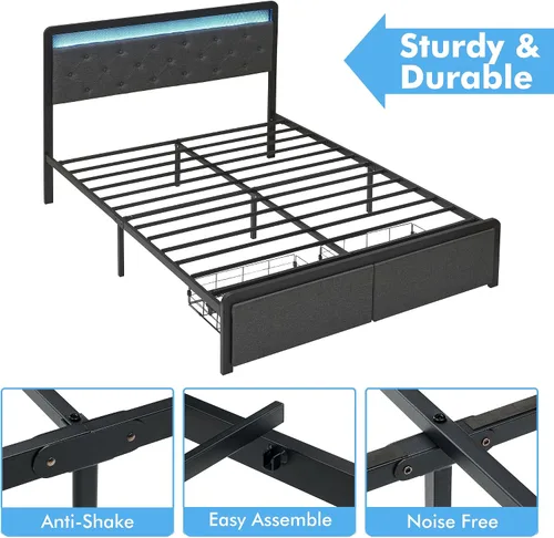 Vista 7 de Base de cama Queen con 2 cajones de almacenamiento, cabecera capitonada con botones y luces LED, cama de plataforma tapizada con almacenamiento