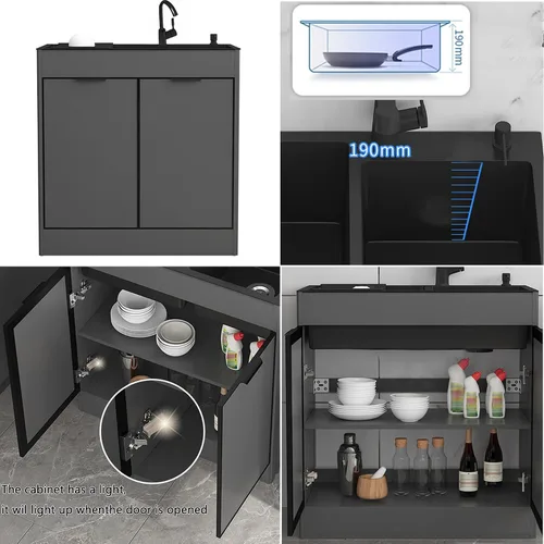 Vista 5 de Fregadero utilitario para lavadero con gabinete y grifo, fregadero de cocina y gabinete, fregadero de acero inoxidable para baño, lavabos de tocador