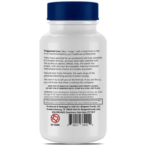 Vista 7 de Biogenic Foods Complejo B-50 Metilectric - B1 metilado - B20 multivitamínico y minerales fúlvicos, cápsulas vegetales