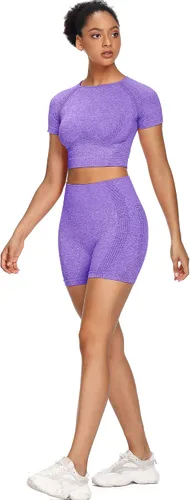 Vista 3 de Sytiz Conjunto de 2 piezas de yoga sin costuras para mujer, pantalones cortos de gimnasio y camiseta corta de manga corta