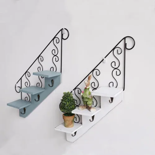 Vista 5 de TITA-DONG Estantes flotantes decorativos montados en la pared de 3 niveles, estantes de pared de madera en forma de escalera, estante colgante