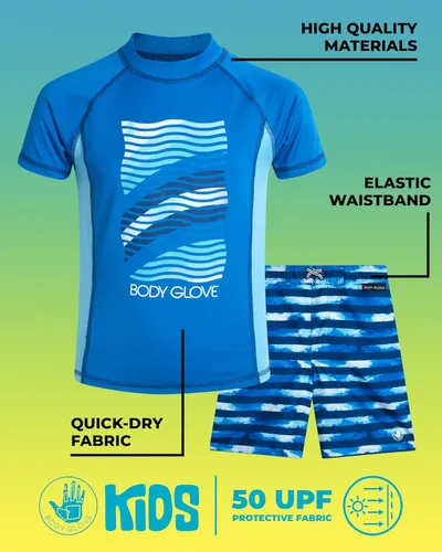 Vista 2 de Body Glove Conjunto de natación para niños, 4 piezas UPF 50+ traje de baño y camiseta de protección para niños (tallas 4-12)