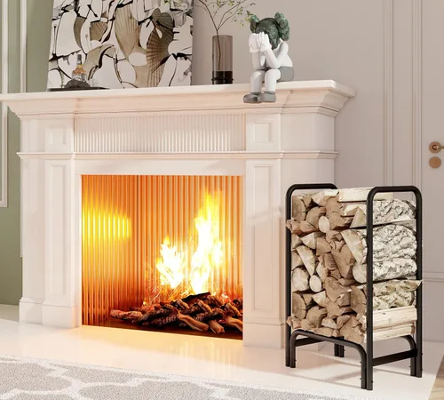 Vista 6 de Kingson Soporte de leña para chimenea de interior y exterior, color negro, desmontable para almacenamiento de leña