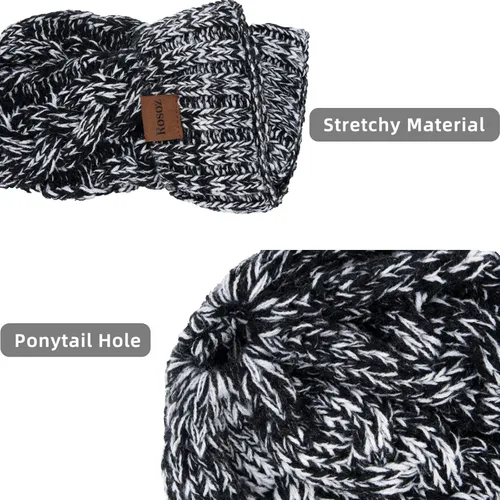 Vista 3 de Rosoz Gorro de cola de caballo para mujer, gorro cálido de invierno, suave, elástico, de punto trenzado, para moño alto