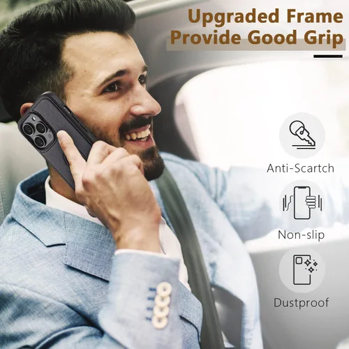 Vista 4 de WTCASE Funda de cuero para iPhone 14 Pro, delgada, flexible, agarre suave, funda de piel sintética de lujo Vgean para hombres, fundas duraderas Negro