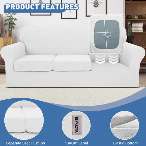 Vista 4 de Jiviner Fundas para sofá, 4 fundas elásticas para el sofá de 3 cuerpos, con 3 fundas para cojín, gruesas y ajustables, protector de muebles