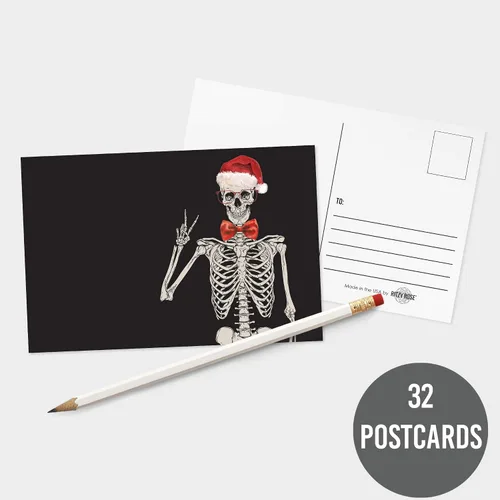 Vista 3 de Ritzy Rose Juego de 32 postales de esqueleto de Papá Noel con signo de paz y sombrero de Santa