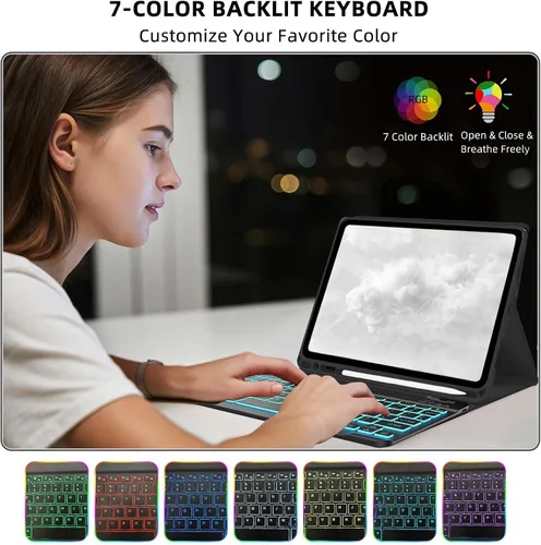 Vista 5 de Funda de teclado para Samsung Galaxy Tab A8 10.5 pulgadas - 7 colores retroiluminados cubierta de teclado y mouse (negro)