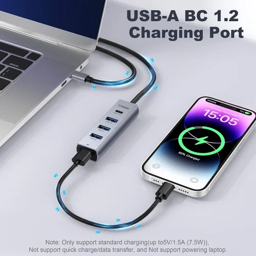 Vista 4 de Concentrador USB C de 5 puertos, adaptador intpw USB C a USB con 1 puerto de datos USB-C/3 USB-A 3.0, adaptador de concentrador USB-C multipuerto