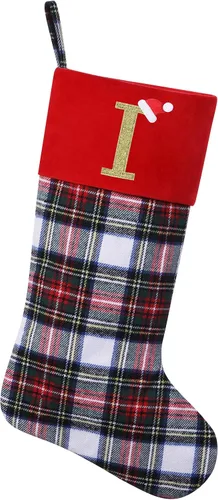 Vista 24 de Calcetines de Navidad personalizados con monograma inicial, adornos colgantes, medias clásicas de cuadros negros de 19 pulgadas, decoraciones