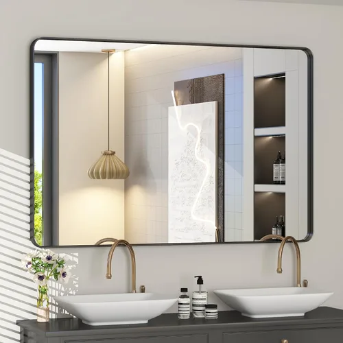 Vista 59 de Paquete de 2 espejos de baño con marco de metal negro de 22 x 30 pulgadas, espejo rectangular redondeado negro mate, antioxidante, se cuelga