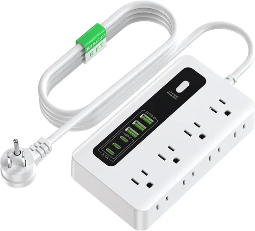 Vista 10 de HITRENDS - Regleta de alimentación con USB, cable de extensión de enchufe plano de 6 pies con 8 tomas, 3 puertos USB y 3 puertos tipo C (5V/3A)