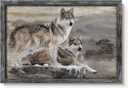Vista 17 de Arte de Pared Enmarcado de Lobo: Pintura Moderna de Animales Salvajes de Madera Rústica Natural Imagen de Vida Silvestre Obra de Arte de Lobo Gris