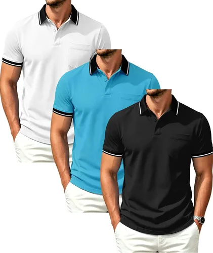 Vista 18 de GEEK LIGHTING Paquete de 3 camisas polo de manga corta con bolsillo para Negro Gris Armygreen